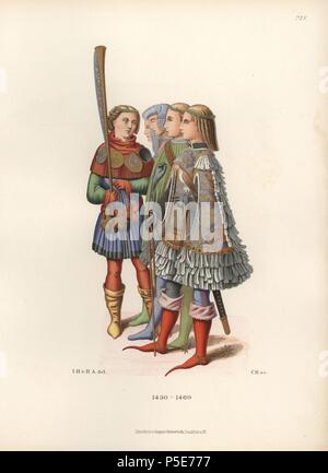 Gli uomini italiani di moda dalla metà del XV secolo da dipinti in una galleria di Berlino. Chromolithograph da Hefner-Alteneck 'costumi, opere d'arte e apparecchi dal Medioevo fino alla fine del xviii secolo", Francoforte, 1883. IIlustration disegnato da Hefner-Alteneck, litografata dal C. Regnier, e pubblicato da Heinrich Keller. Il dottor Jakob Heinrich von Hefner-Alteneck (1811-1903) era un archeologo tedesco, storico dell'arte e illustrator. Egli è stato direttore del Museo Nazionale Bavarese dal 1868 fino al 1886. Foto Stock