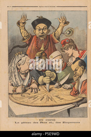 N/A. Inglese: didascalia: "En Chine - Le gâteau des Rois et... des Empereurs" (ita.: "CINA - La torta di re e... di imperatori".) politica francese dal cartone animato Le Petit Journal ha pubblicato in Le Petit Journal gennaio 16th, 1898. Il cartone animato è inteso ad illustrare le tendenze imperialiste di queste nazioni verso la Cina: una torta che rappresenta la Cina viene diviso tra caricature dei vari dominatori stranieri. La regina Victoria del Regno Unito e di Guglielmo II stanno litigando su un pezzo con quest'ultimo spingendo un coltello nel grafico a torta per illustrare aggressivo comportamento tedesco. Lo Zar Nicola II di Foto Stock