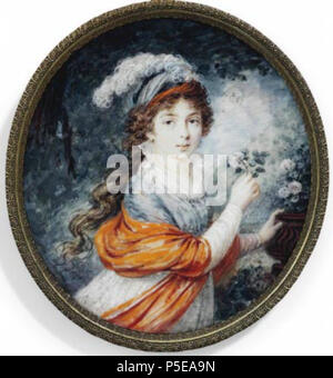 N/A. Anna Feodorovna (1781-1860), Granduchessa Costantino della Russia, née Princess Juliane di Sassonia Coburgo - Gotha-Saalfield, in abito bianco con giacca blu e bianco underdress, rosso scialle, piccoli in oro orecchini a cerchio e triple gold collana catena, indossando un rosso, blu e bianco bandeau nel suo fluire lungo il curling marrone capelli adornata con un bianco di piume di struzzo; disponendo un colore rosa pallido roses in un'urna, sfondo foliate firmato "Ritt" (in basso a sinistra) su avorio 4 1/16 in. (103 mm.) Diam., dorate-telaio metallico con cavalletto lotto 210: AUGUSTIN-CHRISTIAN RITT (russo, 1765-1799) secoli di stile: Argento Europea C Foto Stock