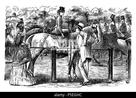 Dating in gara, cartoon raffigurante un gentiluomo flirtare con una giovane donna cavallo da George du Maurier (1834-1896) un fumettista franco-britannique per Punch, 1873 Foto Stock