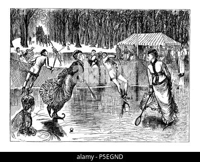 Tennis su pista di pattinaggio su ghiaccio, cartoon raffigurante un gioco di tennis su ghiaccio da George du Maurier (1834-1896) un fumettista franco-britannique per Punch, 1876 Foto Stock