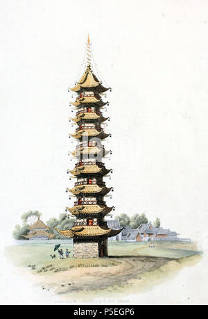 N/A. Inglese: Disegno di William Alexander, relatore per parere della Ambasciata Macartney alla Cina nel 1793. Una pagoda vicino alla città di Sou-tcheou in Cina. Alexander osserva che il nome cinese per loro è Ta, ma gli europei hanno impropriamente denominati loro pagode. Ta sono generalmente costruiti in mattoni, e talvolta incassato con porcellana, e principalmente composta di nove, anche se alcuni hanno solo 7 o 5 piani, ciascuno avente una galleria, che possono essere immesse dalle finestre e un tetto aggettante, coperta con tegole di un ricco di colore giallo, altamente smaltata, che ricevono dal sole uno splendore pari a brunire Foto Stock