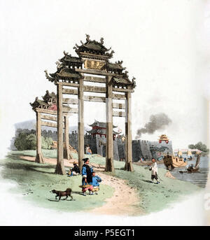 N/A. Inglese: Disegno di William Alexander, relatore per parere della Ambasciata Macartney alla Cina nel 1793. Un Pai-Lou o arco trionfale, eretta davanti alla porta della città di Ning-po, 17 novembre 1793. Alexander ha osservato che tali monumenti sono stati eretti per lo scopo di trasmettere le azioni meritorie di uomini buoni attraverso le generazioni. Di solito i soggetti sono stati i magistrati che hanno eseguito i doveri del loro alto ufficio con giustizia e integrità; eroi che si sono distinti nel campo di battaglia; e altri di più meschina stazione in vita, le cui virtù morali o di apprendimento superiore dal titolo th Foto Stock