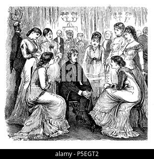 Il pet giovani bachelor parsons, cartoon raffigurante un giovane e timido gentleman in veste circondato da flirtare giovani donne da George du Maurier (1834-1896) un fumettista franco-britannique per Punch, 1878 Foto Stock