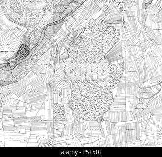 N/A. Deutsch: Muckenschupf (zu Unterriexingen) auf der württembergischen Urflurkarte (1:2.500). Composit von Planquadrat NW XXXIX 1 (NW 39 01) und Planquadrat NW XL 1 (NW 40 01) mit Umgebungsblättern inglese: Muckenschupf su 'Württ. Urflurkarte' (1:2500). Composit di Planquadrat NW XXXIX 1 (NW 39 01) e Planquadrat NW XL 1 (NW 40 01) con gli altri . 1832. Statistisch-Topographisches Bureau des Königreichs Württemberg 28 1832 Muckenschupf UFK-Composit StA LB 150W Foto Stock