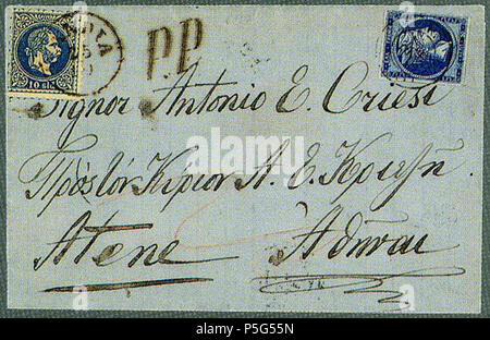 N/A. Français : Couvert de Candia (Iraklio) à ATENA, affranchi 10 soldi + tasse de 20 lepta en Grèce. Lotto 1539 vendu 320 FS en 2000. Il 25 ottobre 1869 (scansione 2017-07-16). Ufficio austriaco in creta 30 1869 10sld 20lepta PP Candia Atene Mi4I Foto Stock