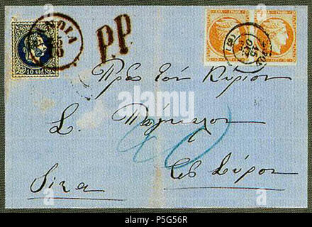 N/A. Inglese: Couvert de Candia (Iraklio) à SYROS, affranchi 10 soldi + tasse de 2x10 lepta en Grèce. Lotto 1540 vendu 580 FS en 2000 par Corinphila. Il 25 ottobre 1869 (scansione 2017-07-23). Austrian Post in creta 30 1869 10sld 20lepta KK Levant Candia Syros Mi4I Foto Stock