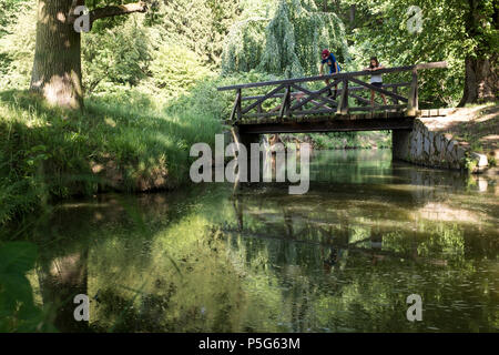 Bambini che giocano sul ponte sul verde limpide acque del fiume nell'UNESCO Pruhonice Park fuori Praga, Repubblica Ceca Foto Stock