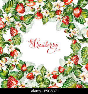Acquerello sfondo floreale con le fragole. Summer Card. Telaio con acquerelli di fragole. Dipinto a mano sullo sfondo Foto Stock