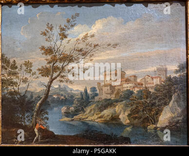 N/A. Inglese: esporre in Il Blanton Museum of Art - Austin, Texas, Stati Uniti d'America. Questo lavoro è abbastanza vecchio in modo che sia in . Il 15 novembre 2015, 16:24:13. Daderot 46 un paesaggio fluviale con una figura da Marco Ricci, 1710s, olio su tela - Blanton Museum of Art - Austin, Texas - DSC08042 Foto Stock