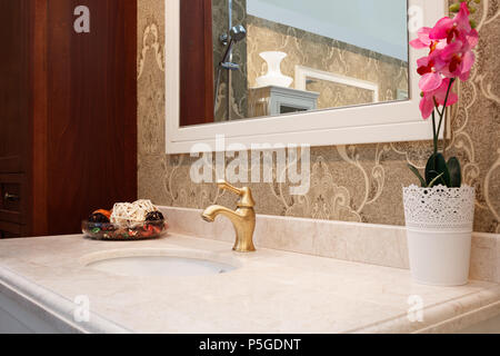 Bagno classic nteriore con lavandino e classico stile retrò rubinetto di bronzo Foto Stock