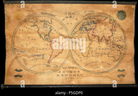 1833 School girl parete manoscritto mappa del mondo sulla proiezione emisfero (Marcia turni di Newport - Geographicus - World-round-1833. Foto Stock