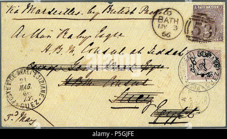 N/A. Inglese: il coperchio dalla vasca da bagno (GB) in Arabia Saudita. Il transito in Suez. Partita venduta 17.000 SF in 2000 (Cihangir raccolta). Il 3 maggio 1866 (scansione 2017-09-21). Il Regno Unito e l'Egitto montanti 30 1866 può3 Bagno a Jeddah via Suez Foto Stock