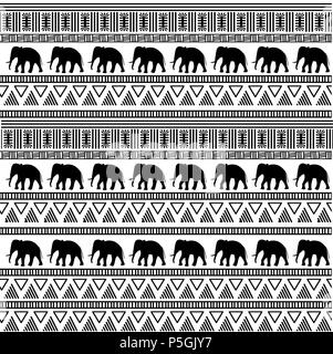 Tribale africano modello senza soluzione di continuità con gli elefanti e ornamenti geometrici. Abstract sfondo monocromo. Il design tessile. Illustrazione Vettoriale. Illustrazione Vettoriale