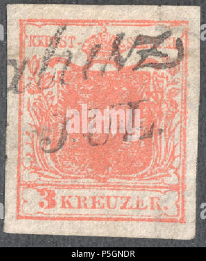 N/A. Inglese: Austria 1850 Ia filigranata carta a mano, pieno centro. Deutsch: Österreich 1850 3 Kreuzer, Typ Ia Handpapier, unterlegtes Mittelstück mit Wasserzeichen. 1850. Post di Austria 153 Austria 1850 3Kr Ia centro riempito Foto Stock