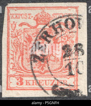 N/A. Inglese: Austria 1850 3Kr IIIa carta a mano. Farà fede il timbro postale 'ZERHOWITZ' (ora erhovice, Repubblica Ceca). Deutsch: Österreich 1850 3 Kreuzer, tipo IIIa Handpapier. "ZERHOWITZ'. Müller farà fede il timbro postale: 3340un tipo RDb-f (10) . 1850. Post di Austria 153 Austria 1850 3Kr IIIa ZERHOWITZ HP Foto Stock