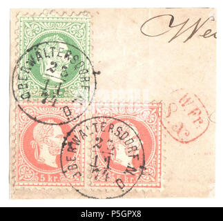 N/A. Inglese: Austria frammento con 1867 3kr e 5 coppia kr, Mi.36 37 annullato 'OBERWALTERSDORF 23-11 74'. Mostra anche in box rosso 'W.Fr. S.X.' farà fede il timbro postale. 1867. Post di Austria 153 Austria frammento con 1874 3 e 5KR OBERWALTERSDORF Foto Stock