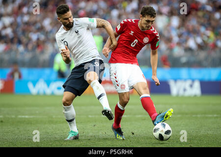 Mosca, Russia. Il 26 giugno, 2018. Durante il gioco tra la Danimarca e la Francia valido per il terzo round del gruppo C del 2018 World Cup, tenutasi al Luzhniki Arena di Mosca in Russia. Danimarca 0-0 Francia. Credito: Thiago Bernardes/Pacific Press/Alamy Live News Foto Stock