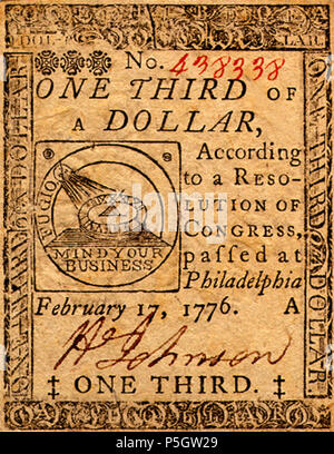 N/A. Una moneta continentale 1/3-dollaro, complementare trascrizione: No. 438338 UN TERZO DI UN DOLLARO, secondo un RESO-SOLUZIONE DEL CONGRESSO, paed a Philadelphia, 17 febbraio 1776. Un ‡ UN TERZO. ‡ . Il 17 febbraio 1776. Benjamin Franklin (1706-1790) nomi alternativi silenzio Dogood; Ben Franklin; il primo americano Descrizione autore angloamericano, statista, politico, inventore e diplomatico Data di nascita e morte 17 Gennaio 1706 17 aprile 1790 Luogo di nascita e morte di Boston, Massachusetts Philadelphia. In Pennsylvania competente controllo : Q34969 VIAF:56609913 ISNI:0000 0001 2133 9941 ULAN:5 Foto Stock