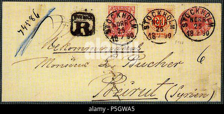 N/A. Français : Entier suédois postali, 10 Öre (+ 30 öre) de Stockholm à Beyrouth. Michel U4. Lotto 1144 vendu 750 FS 2000 par Corinphila (Cihangir). Il 25 febbraio 1890 (scansione 2017-04-08). Post di Svezia 31 1890 U4 Svezia Stockholm-Beirut Foto Stock