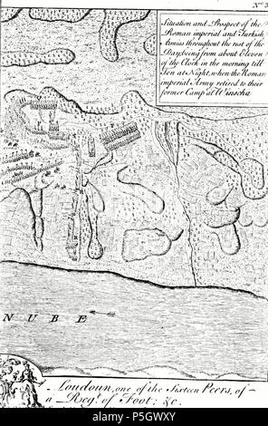 N/A. Inglese: Mappa della Battaglia di Grocka combattuta nel 22 luglio 1739, che descrive la situazione tra Austrian esercito imperiale e la flotta ottomana da circa ore 11 fino alle dieci di sera. Mappa è stata realizzata da John Lindsay, ventesimo conte di Crawford, o illustrato dopo la sua descrizione ed è apparso nelle sue memorie pubblicato nel 1753 dal suo servo Henry Köpp. Descrizione: Situazione e prospettive del romano imperiale e armate turche in tutto il resto del giorno; essendo da circa undici del clock al mattino fino alle dieci di sera, quando il romano esercito imperiale si ritira a loro ex camp a Winscha' Foto Stock