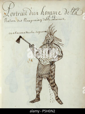 N/A. Français : Codex canadensis, p. 9 Ritratto d'onu homme de La / nazione des Noupiming = dach = iriniouek. ouakacouat hache de guerre inglese: Ritratto di un uomo della nazione del Noupiming-dach-iriniouek. Ouakacouat, guerra ax. circa 1675-82. Louis Nicolas (1634 - ca. 1682) 362 Codex canadensis, p. 09 Foto Stock