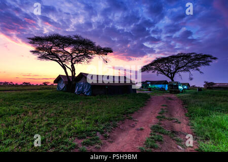 Spedizione per tutta la notte in tenda nella savana camp Foto Stock