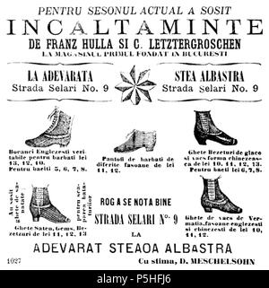 N/A. Inglese: Adevrata Stea Albastr ("Genuine Blue Star") pubblicità nel quotidiano rumeno Epoca. Il negozio (su elari Street 9, Lipscani, Bucarest) annuncia una nuova spedizione di calzature importate, commercializzate da Franz Hulla e C. Letztergroschen. I prodotti includono "autentico inglese boots', 'forma cinese' girls' stivali, ecc. 16 maggio 1889. sconosciuto/uncredited 60 ADEVARATA STEA ALBASTRA, INCALTAMINTE DE FRANZ HULLA SI C. LETZTERGROSCHEN, Epoca, 16 mai 1889 Foto Stock