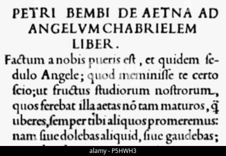 N/A. Deutsch: Originalschnitt der Bembo mit langen Oberlängen (Pietro Bembo: De Aetna. Venezia: Aldus manutius, 1495.) . 1495. Pietro Bembo 185 Bembo-originalschnitt Foto Stock