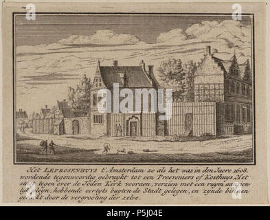 N/A. Nederlands: Beschrijving Het Leprosenhuys t Amsterdam zo als het was in den Jaere 1608, Historiserende voorstelling van het Amsterdamse Leprozenhuis naar de situatie in 1608. Kopie naar de prent van Rademaker uit: Nederlandsche Outheeden en Gezigten. Techniek: ets Documenttype prent Vervaardiger Rademaker, Abramo (1675-1735) Collectie Collectie Atlas Dreesmann" Datering 1725 Geografische naam Lazarussteeg Inventarissen http://archief.amsterdam/archief/10094 Afbeeldingsbestand 010094005248 . 1725. Rademaker, Abramo (1675-1735) 54 Abramo Rademaker, Afb 010094005248 Foto Stock