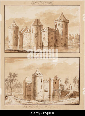 N/A. Nederlands: Beschrijving 't asola Abcou Twee afbeeldingen van het asola Abcoude in het begin van de 17e eeuw. Boven het kasteel gezien vanuit het zuidoosten. Onder het kasteel gezien vanuit het zuidwesten. Datering voorstelling: 1600-1625. Techniek: sporen van zwart krijt, penseel in bruin. Documenttype tekening Vervaardiger Rademaker, Abramo (1675-1735) Collectie Collectie Stadsarchief Amsterdam: tekeningen en prenten Datering 1700 ca. t/m 1725 ca. Inventarissen http://archief.amsterdam/archief/10097/010097014895 Afbeeldingsbestand 010097014895 . voorstelling: 1600-1625. Techniek: sporen Foto Stock