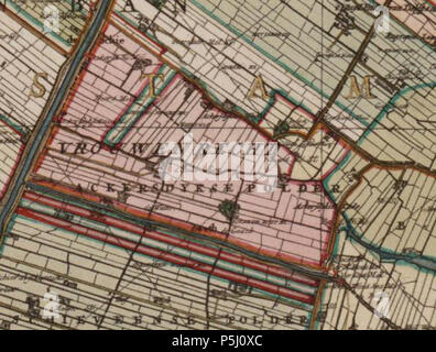 N/A. Nederlands: Ackerdijkse polder, Zuid-Holland. De Akkerdijkse polder è nu onderdeel van de gemeentes Midden-Delfland, Delft en Pijnacker-Nootdorp. Inglese: Akkerdijksche polder, South Holland, Paesi Bassi. 1712. Nederlands: Uitsnede van: 'tHooge heemraedschap van Delflant / volgens ordre Kruikius porta ; [in kaart gebracht porta N. en J. Kruikius] ; L. van Anse, T. Doesburch, Jac. et Joan. Deur en P. Ruyter sculp, [Delft : s.n.], 1712 57 Ackerdyksepolder1712 Foto Stock