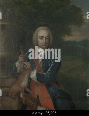 Adriaen Caspar Parduyn (1718-47), raad en schepen te Middelburg, zoon van Caspar Adriaen Parduyn en Maria van Citters . Nederlands: Portret van Adriaen Caspar Parduyn. Raad en schepen te Middelburg, zoon van Caspar Adriaen Parduyn en Maria van Citters. Staande bij een grote vaas op en balaustra. Incontrato jachthond, in de mano een dode Haas, om de schouder een jachttas. Op de achterkant het familiewapen en het cijfer 14. . Tra il 1735 e il 1753. N/A 63 Adriaen Caspar Parduyn (1718-47), raad en schepen te Middelburg, zoon van Caspar Adriaen Parduyn en Maria van Citters Rijksmuseum SK-A-898 Foto Stock