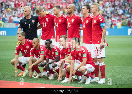 ORleft a destra il portiere Kasper SCHMEICHEL (DEN), Andreas Cornelio (DEN), Henrik DALSGAARD (DEN), Mathias JORGENSEN (DEN), Andreas CHRISTENSEN (DEN), Simon Kjaer (DEN), uRleft a destra Jens STRYGER LARSEN (DEN), Martin BRAITHWAITE (DEN), Pione SISTO (DEN), Christian ERIKSEN (DEN), Thomas Delaney (DEN), team foto foto del team, team foto, foto di gruppo e a figura intera, Querforma Danimarca (DEN) - Francia (FRA) 0: 0, turno preliminare, gruppo C, gioco 37, su 26.06.2018 a Mosca; Coppa del Mondo di Calcio 2018 in Russia dal 14.06. - 15.07.2018. | Utilizzo di tutto il mondo Foto Stock