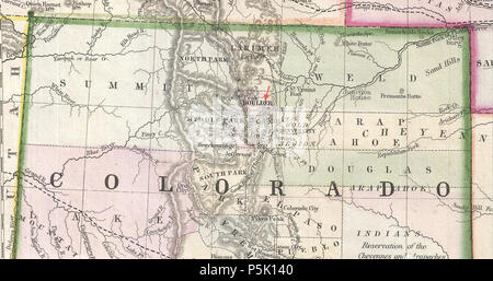 30 1866 Boulder dettaglio mappa del Kansas, Nebraska e Colorado da Mitchell Foto Stock