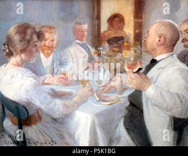 Alla tavola da pranzo a Civita d'Antino . Inglese: Pittura del norvegese-nato artista danese P.S. Krøyer intitolato Ved frokostborder ho Civita d'Antino (al tavolo pranzo a Civita d'Antino). La scena di Kristian Zahrtmann's filoni in Casa Cerroni include (da sinistra) Marie Krøyer, P.S. Krøyer, il giovane pittore Henry Lørup, una cameriera italiana, Zahrtmann e il pittore Pietro Tom-Petersen. (Fonte: Peter Michael Hornung, Peder Severin Krøyer, 2005, pagina 240. . 1890. N/A 31 Civita dantino kroyer frokost Foto Stock