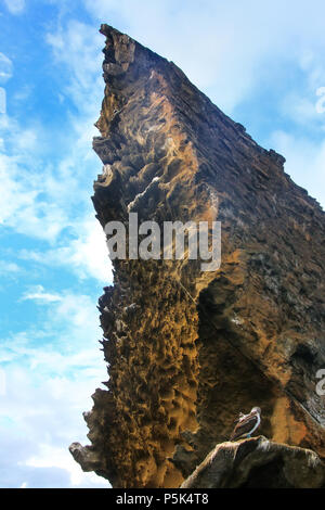 Pinnacolo di roccia di Bartolome isola visto dal di sotto, Galapagos National Park, Ecuador. Foto Stock