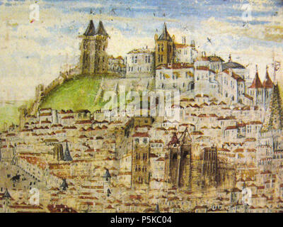 N/A. Inglese: vista di Lisbona Castello in un manoscritto illuminato Português: Detalhe do Castelo de São Jorge e das muralhas da cidade nessun panorama geral de Lisboa duranti o cerco de D. Afonso Henriques. In: GALVÃO, Duarte. "Chronica do Muito Alto e Muito Esclarecido Príncipe D. Afonso Henriques, Primeiro Rey de Portugal'. 1505. Acervo: Museu-Biblioteca Condes de Castro Guimarães. 1505. António de Holanda 281 Castle-DuarteGalvão3 Foto Stock