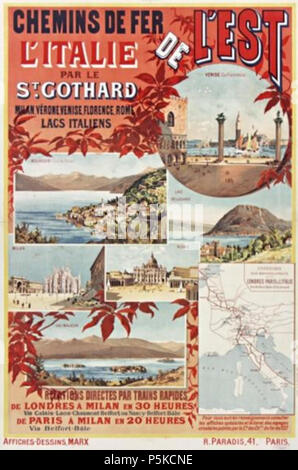 N/A. Inglese: Affiche de la Compagnie des chemins de fer de l'Est : l'Italie par le St-Gothard. 1892. Eugène Bourgeois (1855-1909) nomi alternativi Eugène Bourgeois Descrizione illustratore francese Data di nascita e morte 5 Giugno 1855 5 Giugno 1909 Luogo di nascita Parigi competente controllo : Q25906311 VIAF:47032720 ISNI:0000 0000 6662 4298 ULAN:500068276 RKD:11508 64 Affiche Est San Gottardo Foto Stock