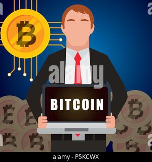 Imprenditore azienda portatile con parola bitcoin illustrazione vettoriale Illustrazione Vettoriale