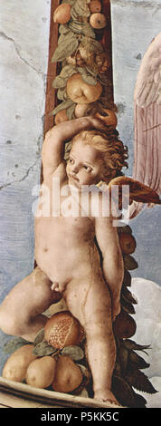 Deutsch: Fresken der Kapelle der da Eleonora di Toledo im Palazzo Vecchio in Florenz, Deckenfresko, dettaglio: Girlande mit Engel 1540-1541. N/A 101 Angelo Bronzino 014 Foto Stock