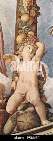 Deutsch: Fresken der Kapelle der da Eleonora di Toledo im Palazzo Vecchio in Florenz, Deckenfresko, dettaglio: Girlande mit Engel 1540-1541. N/A 101 Angelo Bronzino 013 Foto Stock