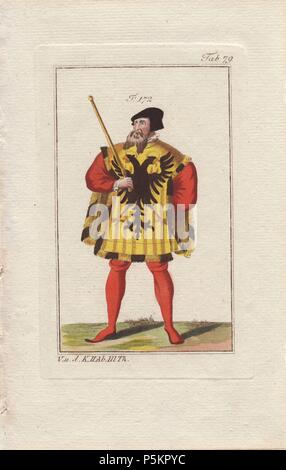 Un Regio o imperiale herald in vesti formali con giallo tabard decorate con doppio nero-HEADED EAGLE, sulla maglietta scarlatto e calze.. . Handcolored incisione su rame da Robert von Spalart 'quadro storico dei costumi del popolo principale dell'antichità e del Medioevo" (1796). Foto Stock