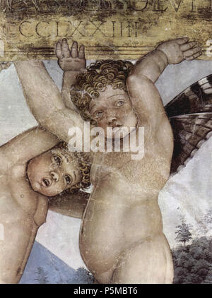 Deutsch: Freskenzyklus in der Camera degli Sposi im Palazzo Duccale in Mantova, Szene: Weihetafel, von Putti getragen, dettaglio: Putti 1474. N/A 99 Andrea Mantegna 076 Foto Stock