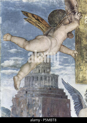 Deutsch: Freskenzyklus in der Camera degli Sposi im Palazzo Duccale in Mantova, Szene: Weihetafel, von Putti getragen, dettaglio: Putto 1474. N/A 99 Andrea Mantegna 079 Foto Stock