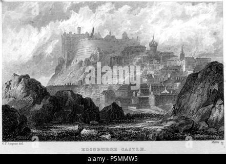 N/A. Il Castello di Edimburgo incisione di William Miller dopo G F Sargent (Miller pagato £10-10-0 nel XII 1831 per incisione), pubblicato in castelli, palazzi e nelle prigioni di Maria di Scozia. Charles Mackie. Londra. C Cox, 12, King William St, Strand, Oliver & Boyd Edinburgh, David Robertson, libraio alla Regina Glasgow, James Chalmers Dundee, & J Robertson Dublino. 1849 . 1832. William Miller (1796-1882) nomi alternativi William Frederick I Miller; William Frederick, ho Miller Descrizione incisore scozzese Data di nascita e morte 28 Maggio 1796 20 gennaio 1882 Luogo di nascita e morte Edinburgh Foto Stock