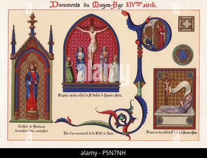 La decorazione di un contrafforte presso la Cattedrale de Bordeaux, scena della crocifissione da St. Julien le pauvre, Parigi illuminata di lettera da un manoscritto alla Bibliotheque de Laon.. . Ernest Guillot 'Ornementation des Manuscrits au Moyen-Age' (ornato da manoscritti del Medioevo, XIV secolo), 1897, chromolithograph. Foto Stock