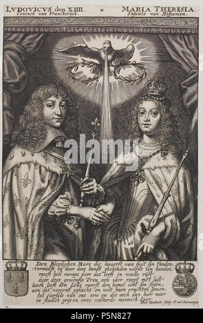N/A. Grafik aus dem Klebeband Nr. 2 der Fürstlich Waldeckschen Hofbibliothek Arolsen Motiv: Ludwig XIV. von Frankreich und seine Ehefrau Maria Theresia von Österreich . circa 1660. Frederik Bouttats (1620-1676) nomi alternativi Frederik Bouttats giovani Descrizione incisore fiammingo Data di nascita e morte 1620 1676 Luogo di nascita e morte Anversa Anversa posizione Lavoro Anversa (1643-1676) Autorità di controllo : Q13408133 VIAF:36770821 ISNI:0000 0001 1024 8331 ULAN:500055907 LCCN:nr91009635 GND:122028805 WorldCat 132 Arolsen Klebeband 02 051 2 Foto Stock