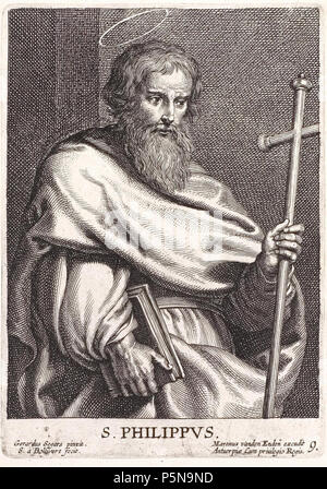 N/A. Grafik aus dem Klebeband Nr.13 der Fürstlich Waldeckschen Hofbibliothek Arolsen Apostelbildnisse von Schelte un Bolswert nach Gerard Seghers: S. Philippus . Il XVII secolo. Dopo Gerard Seghers (1591-1651) nomi alternativi Gerard Segers; Gerard Zegers; Gerard Zeghers Descrizione pittore fiammingo, disegnatore, copista e pittore di corte Data di nascita e morte 17 marzo 1591 (battezzato) 18 marzo 1651 Luogo di nascita e morte Anversa Anversa periodo di lavoro dal 1603 fino al 1651 sede di lavoro Anversa (1603-1651), Napoli (ca. 1611-1620), Roma (ca. 1611-1620), Spagna (), Gand (1635), Amsterdam (1 Foto Stock