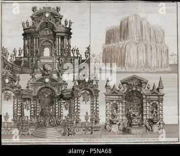 N/A. Grafik aus dem Klebeband Nr. 15 der Fürstlich Waldeckschen Hofbibliothek Arolsen costanza e fortezza, Oper von Johann Joseph Fux (Musik), Pietro Pariato (Libretto), uraufgeführt 28. Agosto 1723 in Prag zur Krönung Karl VI. zum König von Böhmen. Theaterarchitektur und Bühnenbilder von Giuseppe Galli da Bibiena. Motiv: "1. La gran massa d'acque che s'innalza dal Tevere, e poi si cambia nella 2. La reggia del Tevere, 3. Magnifica grottesca, che poi si cambia in vn 4. Grand'Arco Trionfale del genio di Roma Bühnenbilder für das Finale: Eine große Wassermasse erhebt sich aus dem Tevere. Sie verwandel Foto Stock